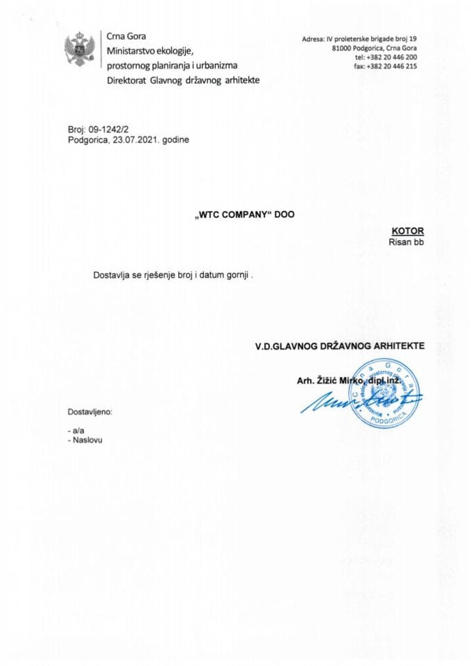 Rješenja glavnog državnog arhitekte - 23.07.2021. Rješenje- WTC Company i Anja Živković- Opština Kotor