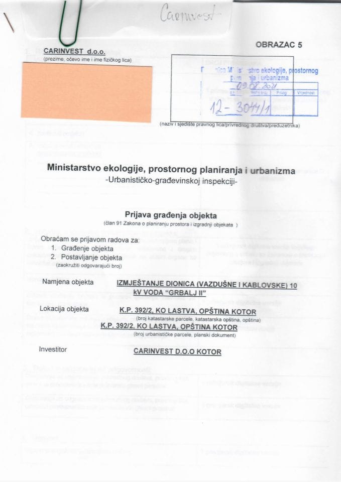 Prijava građenja objekta - 12-3044-1 CARINVEST DOO
