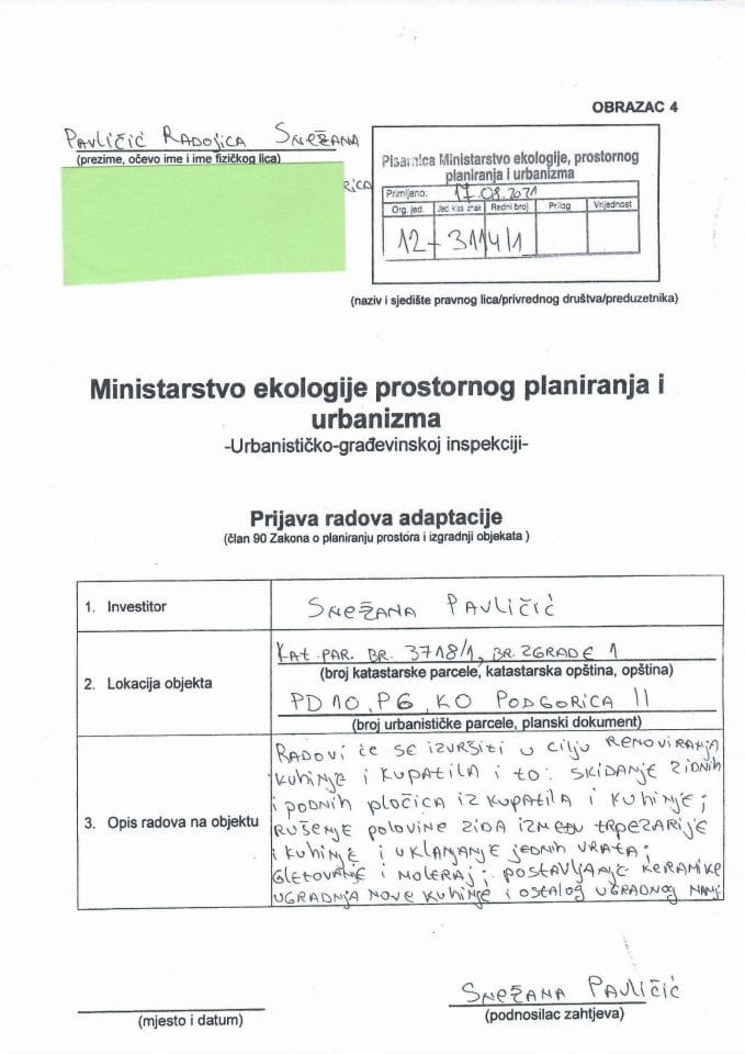 Prijava građenja objekta - 12-3114-1 PAVLIČIĆ SNEŽANA