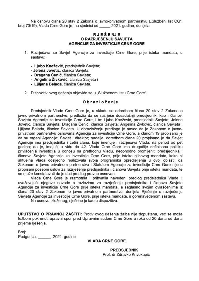 Predlog za razrješenje Savjeta Agencije za investicije Crne Gore