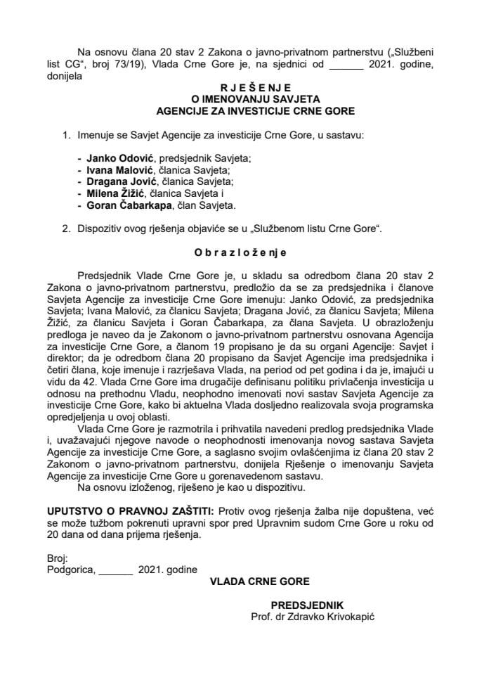 Predlog za imenovanje Savjeta Agencije za investicije Crne Gore