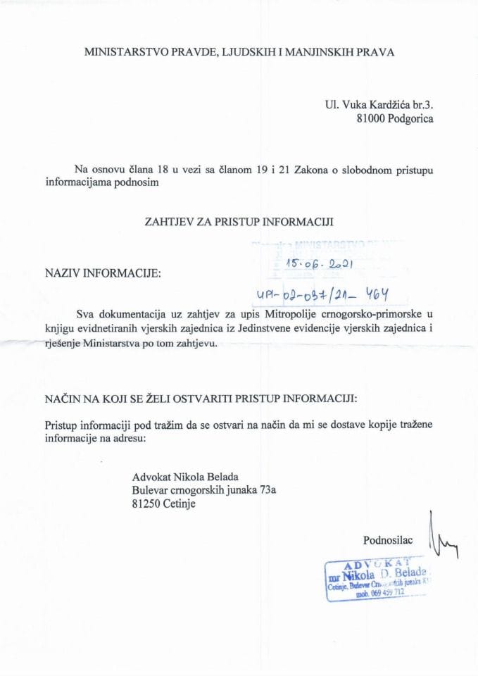 Zahtjev broj UPI-02-037/21-464 – Mitropolija crnogorsko primorska SPC
