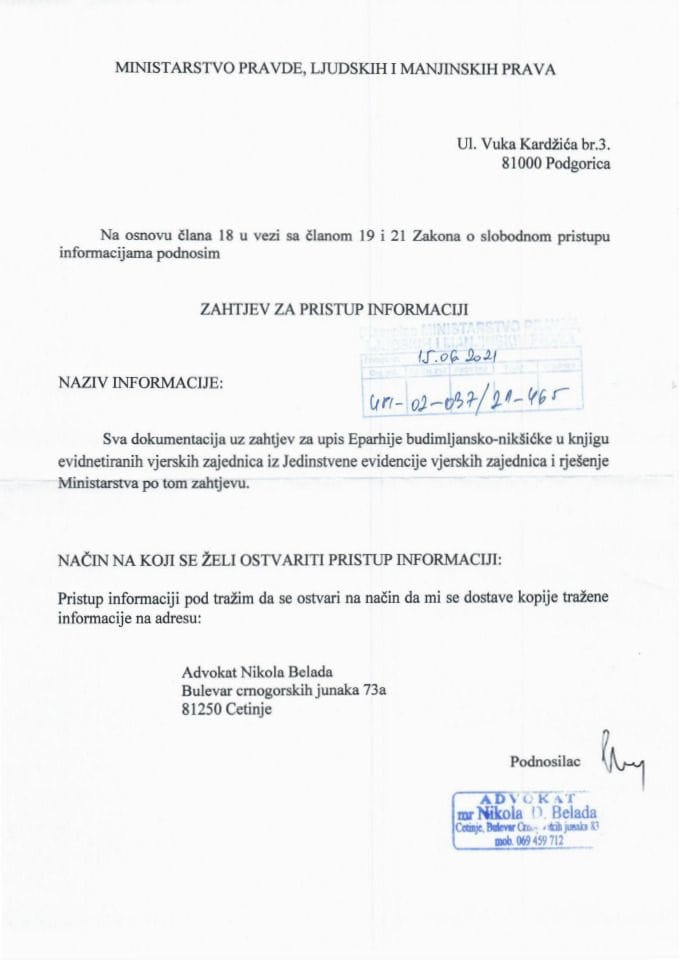 Zahtjev broj UPI-02-037/21-465 – Eparhija budimljansko-nikšićka SPC