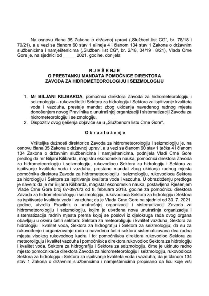 Предлог за престанак мандата помоћнице директора Завода за хидрометеорологију и сеизмологију