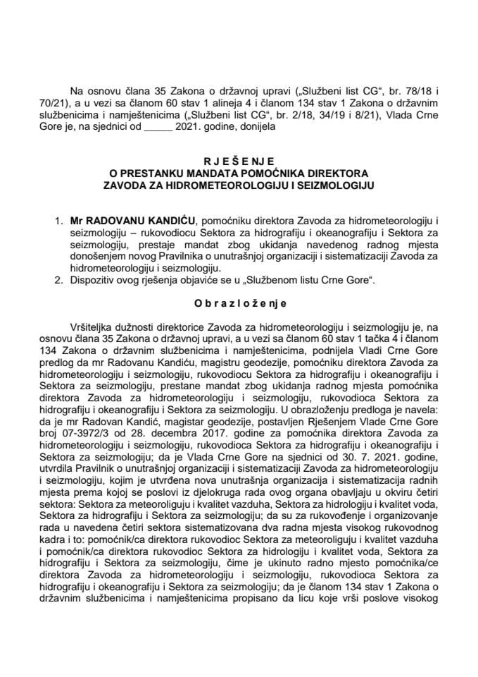Предлог за престанак мандата помоћника директора Завода за хидрометеорологију и сеизмологију