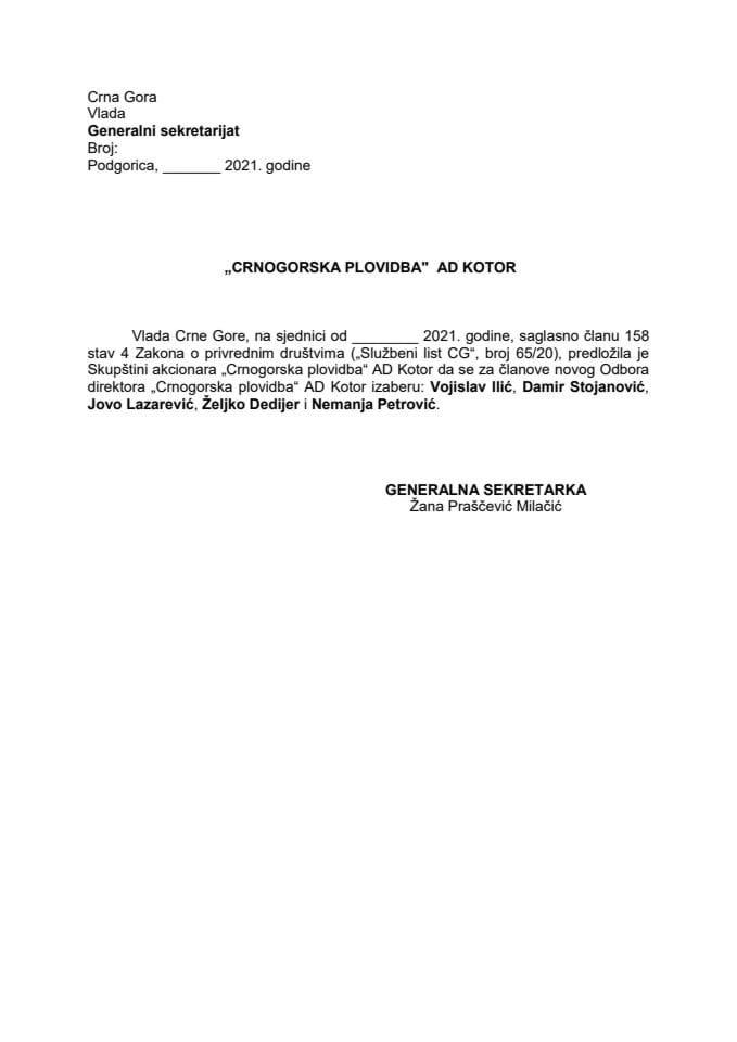 Предлог за именовање чланова Одбора директора "Црногорска пловидба" а.д. Котор