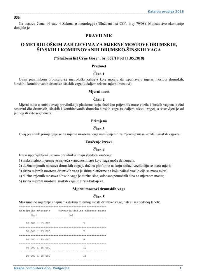 Pravilnik o metrološkim zahtjevima za mjerne mostove drumskih, šinskih i kombinovanih drumsko-šinskih vaga