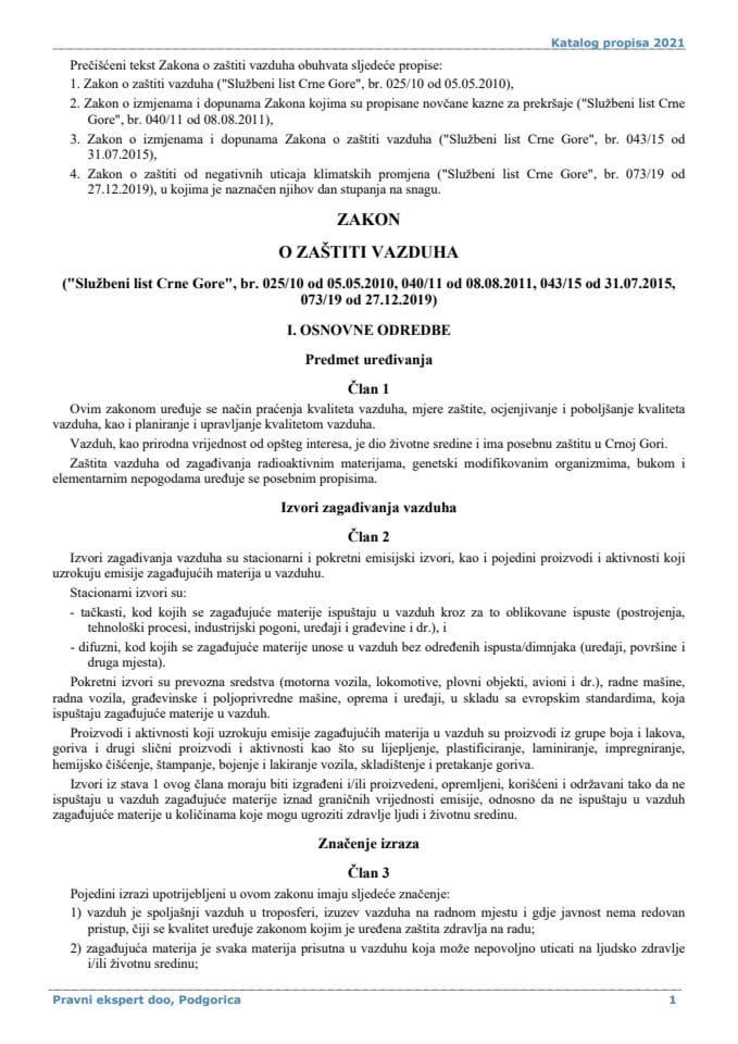 Zakon o zaštiti vazduha ("Službeni list Crne Gore", br. 025/10 od 05.05.2010, 040/11 od 08.08.2011, 043/15 od 31.07.2015, 073/19 od 27.12.2019)