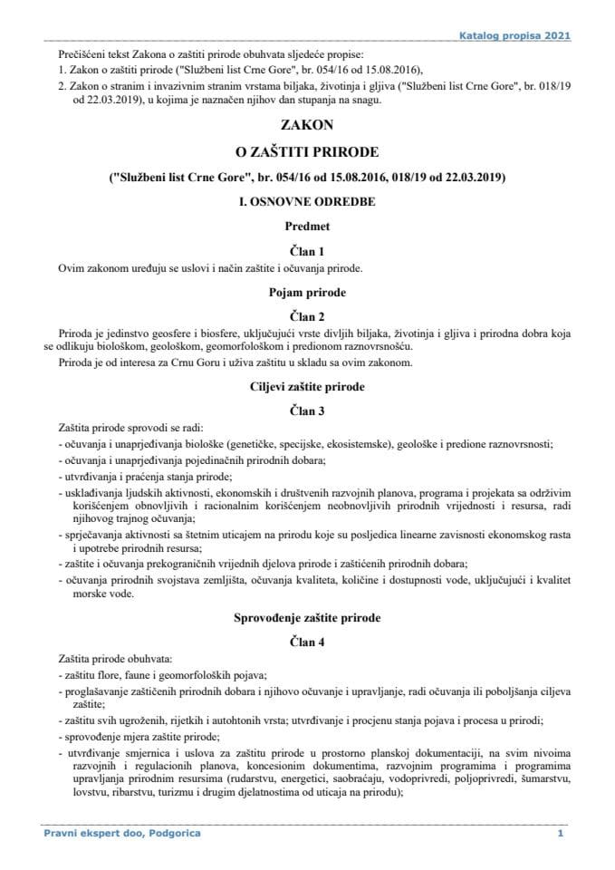 Zakon o zaštiti prirode ("Službeni list Crne Gore", br. 054/16 od 15.08.2016, 018/19 od 22.03.2019)