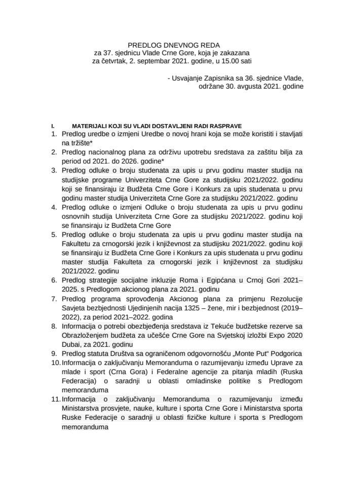 Predlog dnevnog reda za 37. sjednicu Vlade Crne Gore