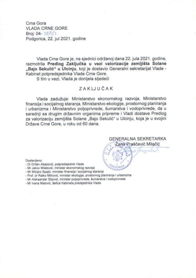 Predlog zaključka u vezi valorizacije zemljišta solane „Bajo Sekulić“ u Ulcinju - zaključci
