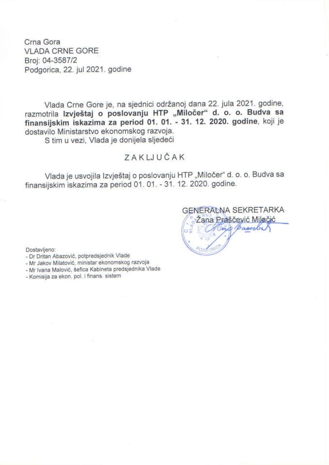 Izvještaj o poslovanju HTP „Miločer“ doo Budva sa finansijskim iskazima za period 01.01. - 31.12.2020. godine - zaključci