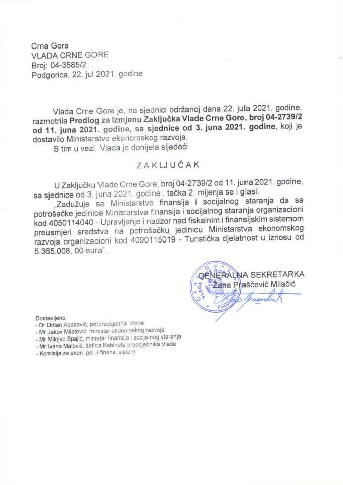 Predlog za izmjenu Zaključka Vlade Crne Gore, broj: 04-2739/2, od 11. juna 2021. godine, sa sjednice od 3. juna 2021. godine - zaključci