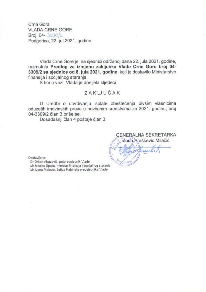 Predlog za izmjenu Zaključka Vlade Crne Gore, broj: 04-3309/2, sa sjednice od 8. jula 2021. godine - zaključci