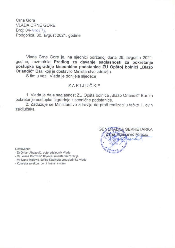 Predlog za davanje saglasnosti za pokretanje postupka izgradnje kiseonične podstanice ZU Opštoj bolnici „Blažo Orlandić“ Bar - zaključci