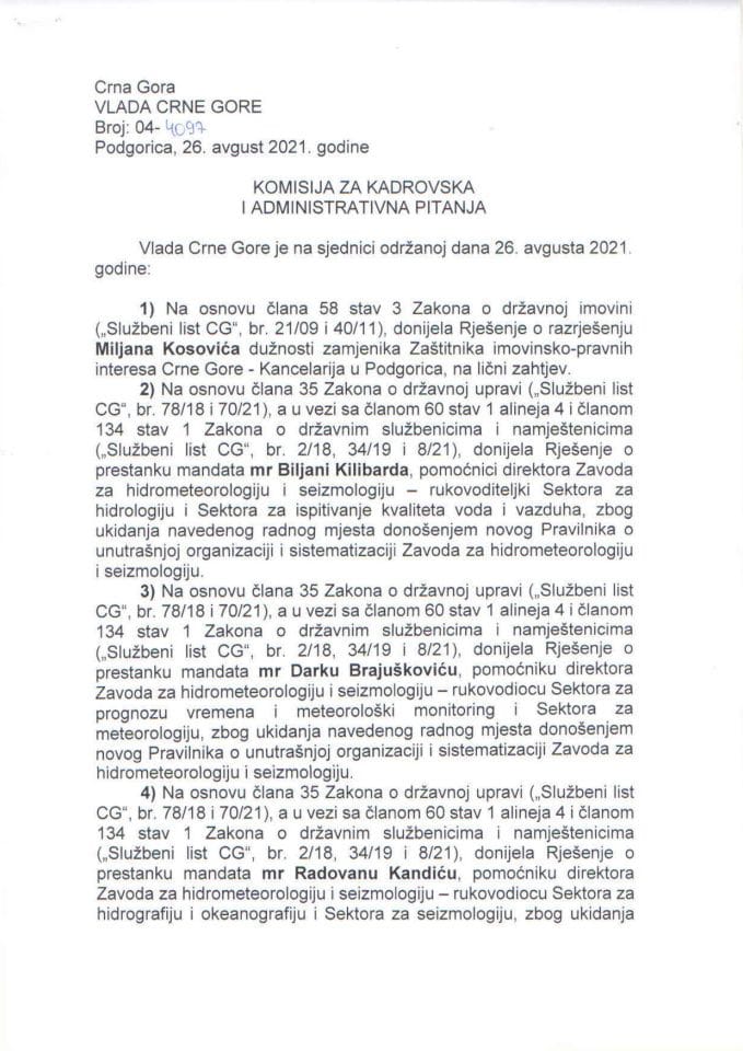 Kadrovska pitanja sa 35. sjednice Vlade Crne Gore - zaključci