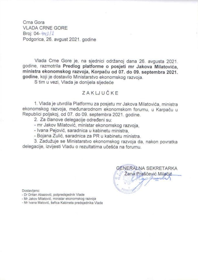 Предлог платформе за посјету мр Јакова Милатовића, министра економског развоја, Карпачу, од 7. до 9. септембра 2021. године - закључци
