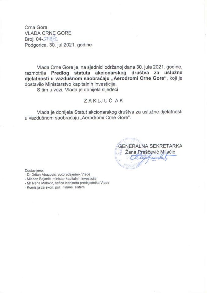 Предлог статута акционарског друштва за услужне дјелатности у ваздушном саобраћају „Аеродроми Црне Горе“ - закључци