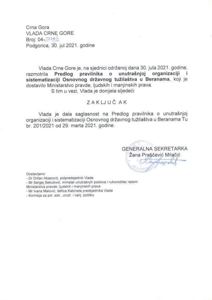 Predlog pravilnika o unutrašnjoj organizaciji i sistematizaciji Osnovnog državnog tužilaštva u Beranama Tu br. 201/2021 od 29. marta 2021. godine - zaključci