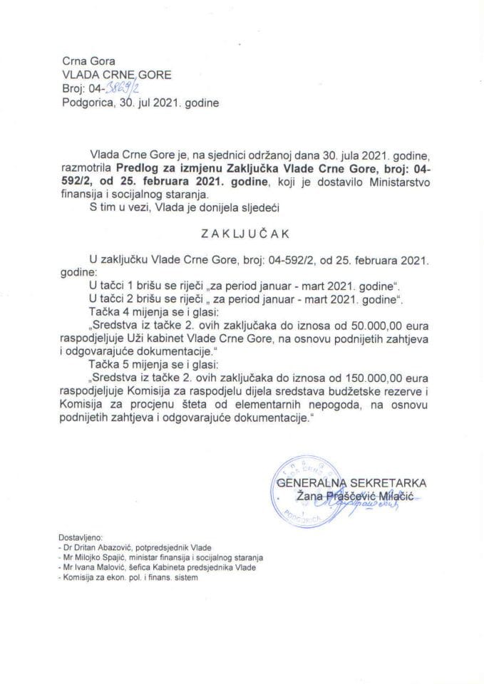 Предлог за измјену Закључка Владе Црне Горе, број: 04-592/2, од 25. фебруара 2021. године - закључци