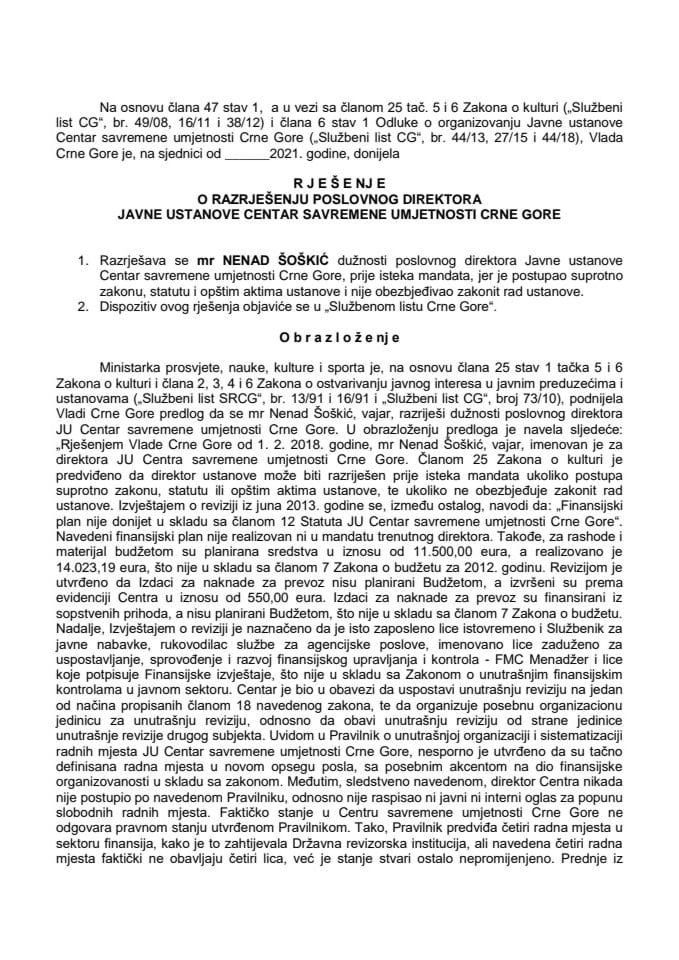 Predlog za razrješenje poslovnog direktora Javne ustanove Centar savremene umjetnosti Crne Gore