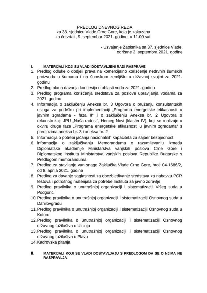 Predlog dnevnog reda za 38. sjednicu Vlade Crne Gore