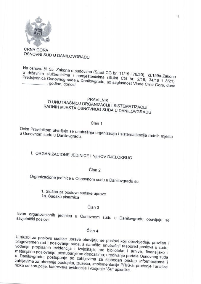 Predlog pravilnika o unutrašnjoj organizaciji i sistematizaciji Osnovnog suda u Danilovgradu
