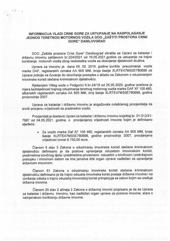 Informacija o ustupanju na raspolaganje teretnog motornog vozila „Zaštiti prostora Crne Gore“ d.o.o. Danilovgrad