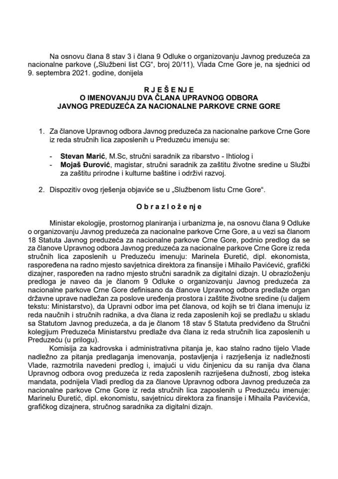 Predlog za imenovanje dva člana Upravnog odbora Javnog preduzeća za nacionalne parkove Crne Gore