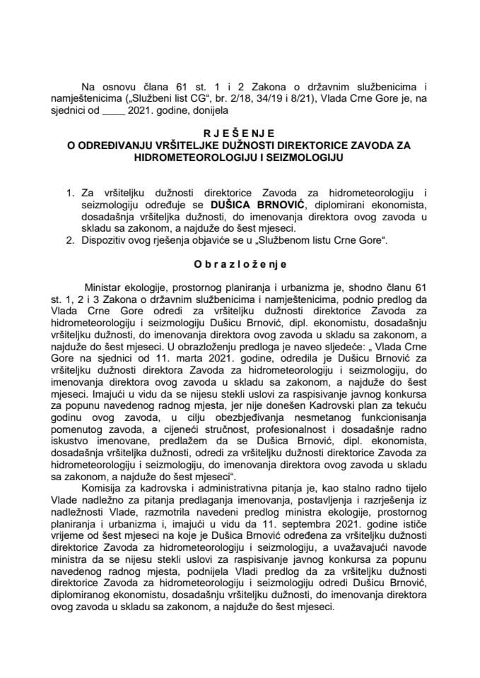Predlog za određivanje vršiteljke dužnosti direktorice Zavoda za hidrometeorologiju i seizmologiju