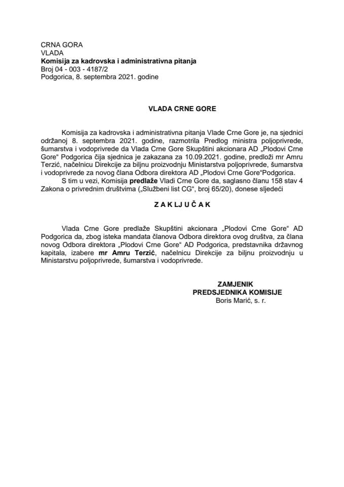 Predlog za izbor člana Odbora direktora “Plodovi Crne Gore” AD Podgorica