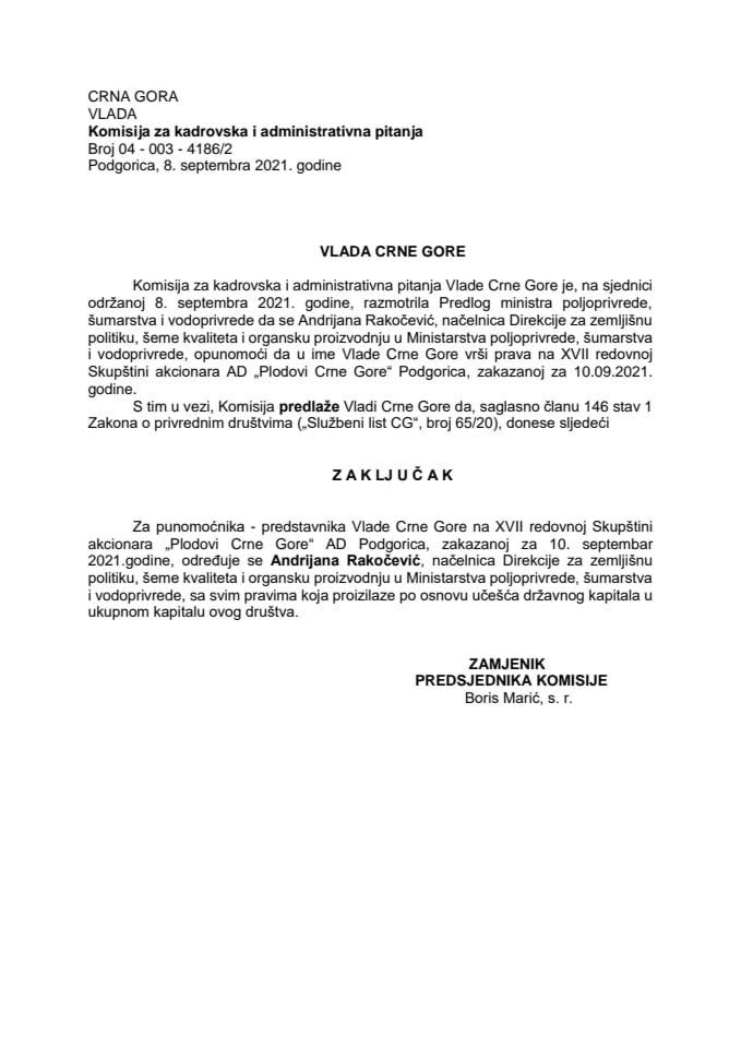 Predlog za određivanje punomoćnika - predstavnika državnog kapitala na XVIIredovnoj Skupštini akcionara “Plodovi Crne Gore” AD Podgorica