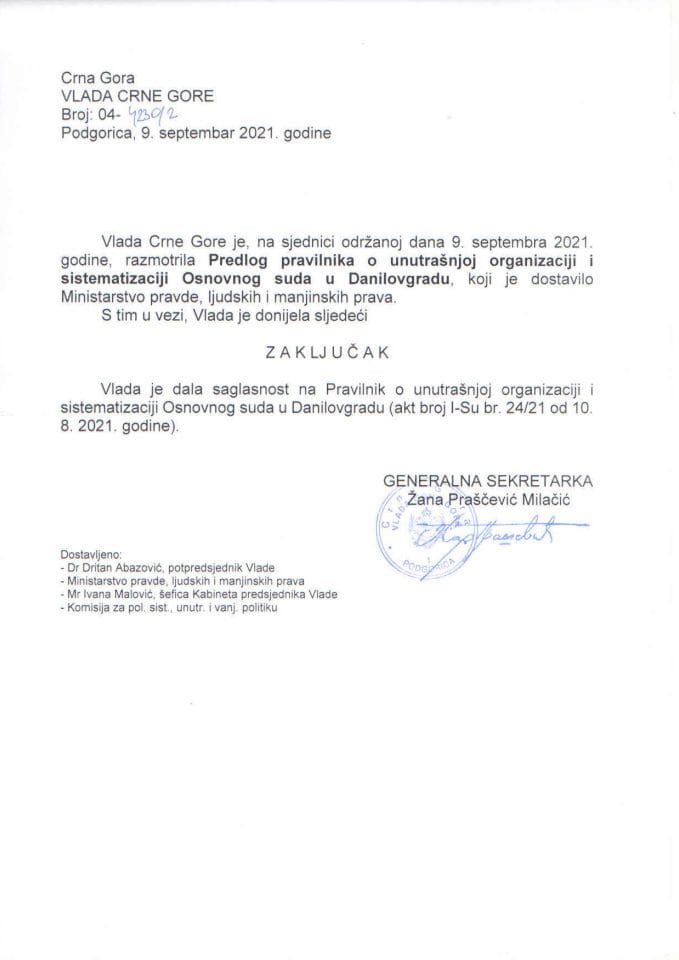 Predlog pravilnika o unutrašnjoj organizaciji i sistematizaciji Osnovnog suda u Danilovgradu - zaključci