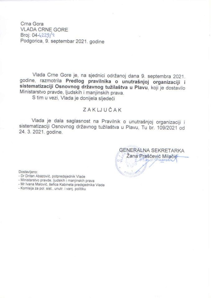 Predlog pravilnika o unutrašnjoj organizaciji i sistematizaciji Osnovnog državnog tužilaštva u Plavu - zaključci