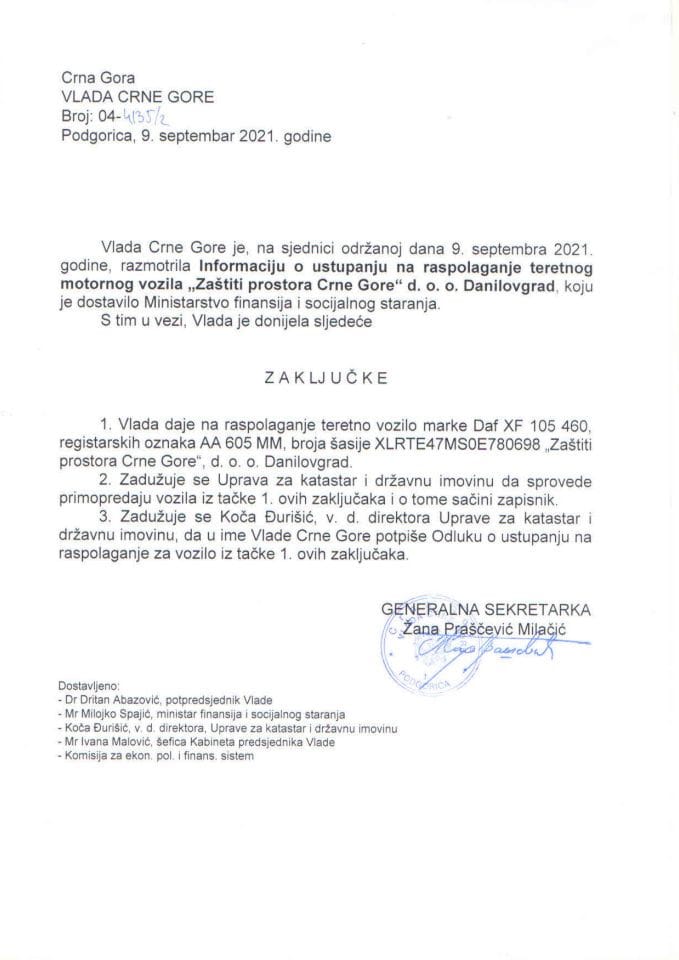 Информација о уступању на располагање теретног моторног возила „Заштити простора Црне Горе“ д.о.о. Даниловград - закључци