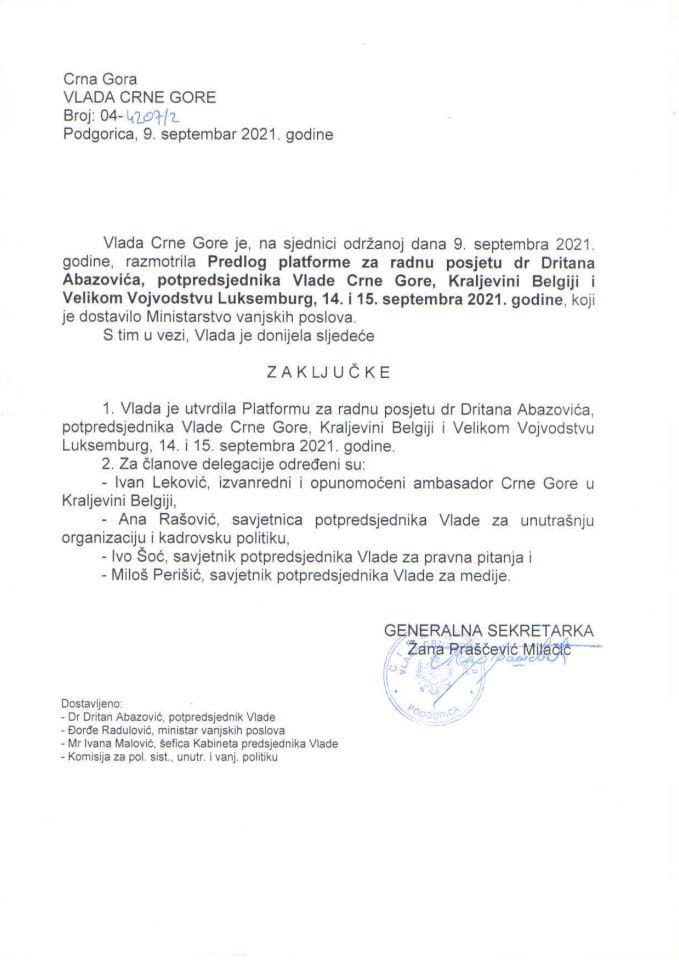 Predlog platforme za radnu posjetu dr Dritana Abazovića, potpredsjednika Vlade Crne Gore, Kraljevini Belgiji i Velikom Vojvodstvu Luksemburg, 14. i 15. septembra 2021. godine - zaključci