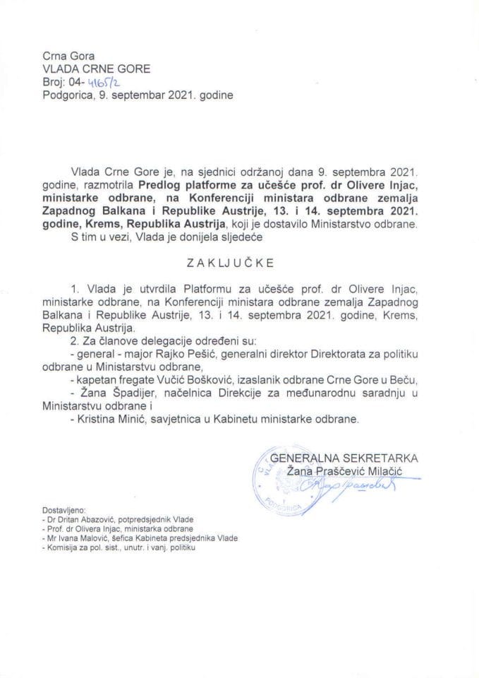 Предлог платформе за учешће проф. др Оливере Ињац, министарке одбране, на Конференцији министара одбране земаља Западног Балкана и Републике Аустрије, 13. и 14. септембра 2021. године, Кремс, Република Аустрија - закључци