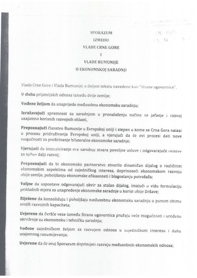 Sporazum između Vlade Crne Gore i Vlade Rumunije o ekonomskoj saradnji
