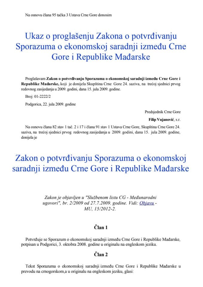 Споразум о економској сарадњи између Владе Црне Горе и Владе Мадјарске