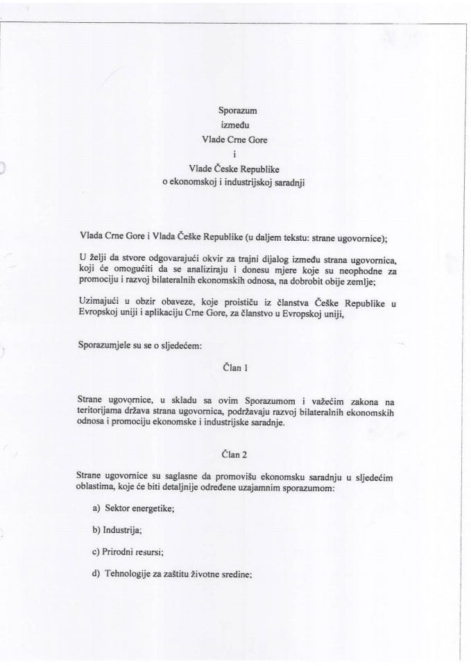 Sporazum između Vlade Crne Gore i Vlade Češke Republike o ekonomskoj i industrijskoj saradnji