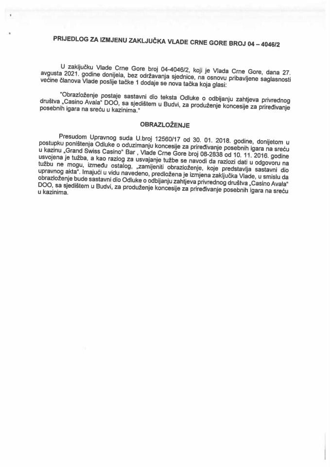 Predlog za izmjenu Zaključka Vlade Crne Gore, broj: 04-4046/2, od 27. avgusta 2021. godine