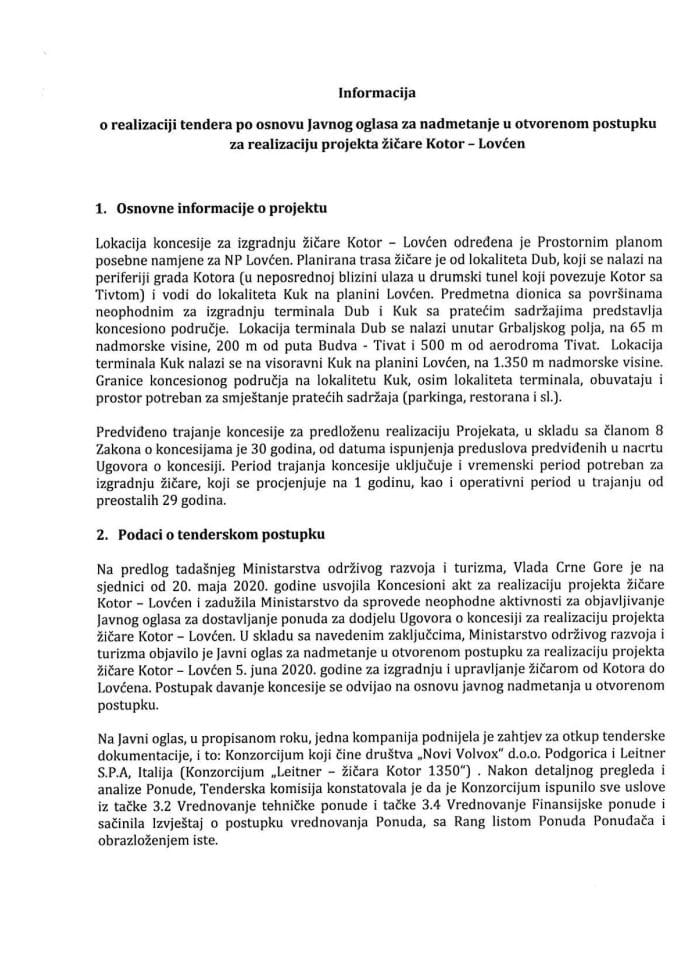 Informacija o realizaciji tendera po osnovu Javnog oglasa za nadmetanje u otvorenom postupku za realizaciju projekta žičare Kotor-Lovćen