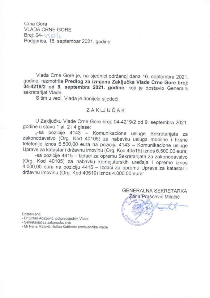 Predlog za izmjenu Zaključka Vlade Crne Gore, broj: 04-4219/2, od 9. septembra 2021. godine (bez rasprave) - zaključci