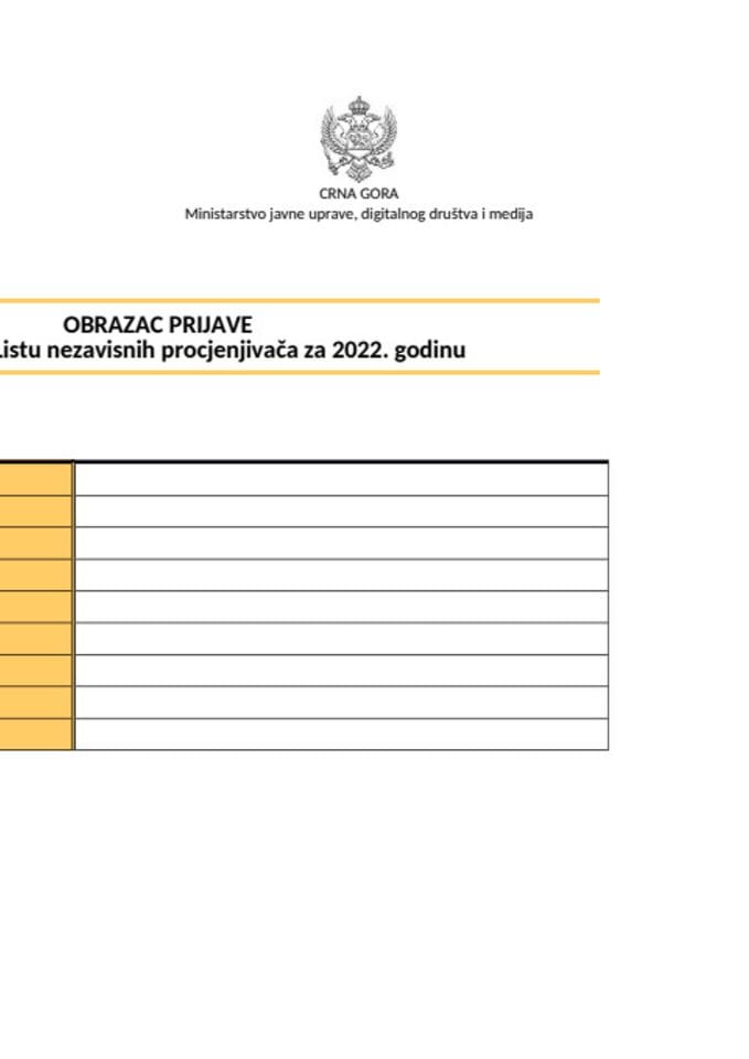 Obrazac prijave kandidata za Listu nezavisnih procjenjivača za 2022. godinu