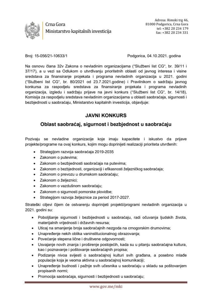 Javni konkurs za raspodjelu sredstava za finansiranje projekata i programa nevladinih organizacija - Oblast saobraćaj, sigurost i bezbjednost