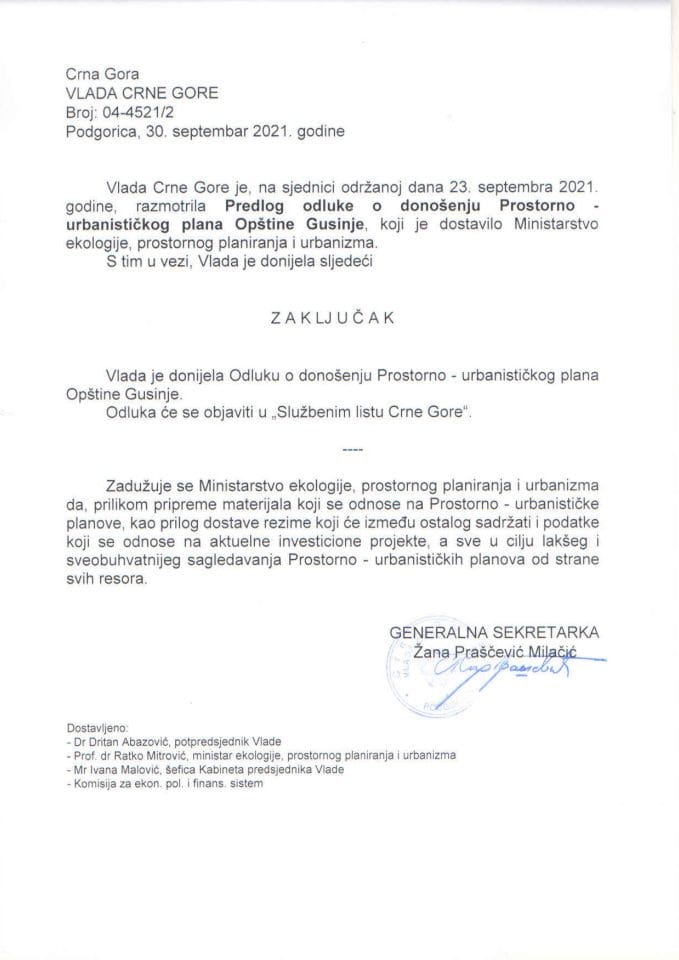 Предлог одлуке о доношењу Просторно-урбанистичког плана Општине Гусиње - закључци