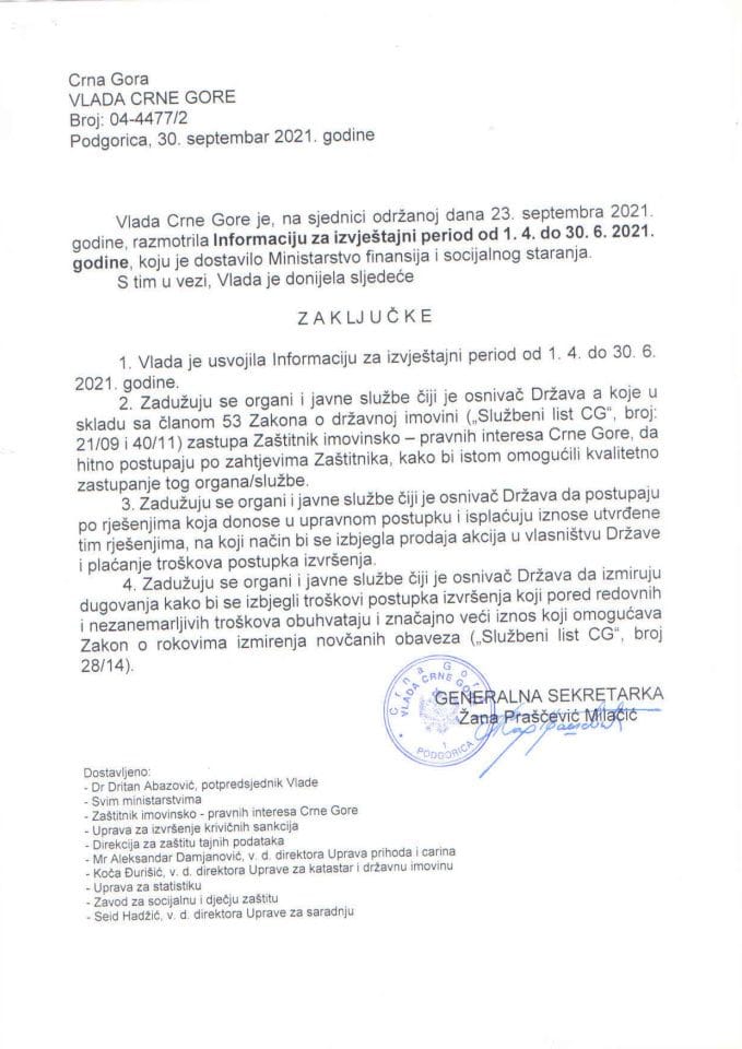 Информација за извјештајни период од 01.04. до 30.06.2021. године коју је припремио Заштитник имовинско правних интереса Црне Горе - закључци