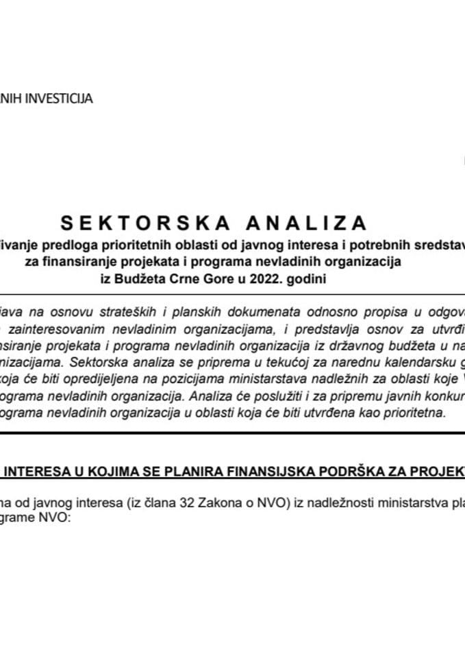 Секторска анализа за утврђивање предлога приоритетних области од јавног интереса и потребних средстава за финансирање пројеката и програма невладиних организација из Буџета Црне Горе у 2022. години - Енергетика и Енергетска ефикасност