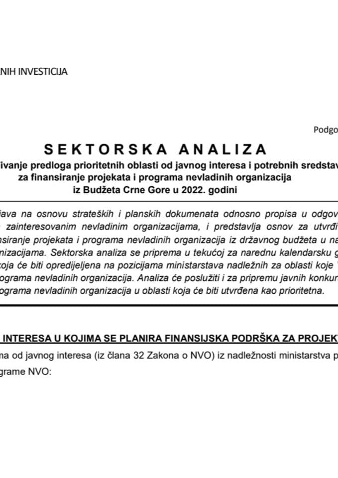 Секторска анализа за утврђивање предлога приоритетних области од јавног интереса и потребних средстава за финансирање пројеката и програма невладиних организација из Буџета Црне Горе у 2022. години - Саобраћај, сигурност и безбједност у саобраћају