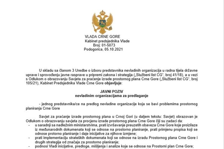 Javi poziv za predlaganje kandidata/kandidatkinja za člana/icu Savjeta za praćenje izrade prostornog plana Crne Gore